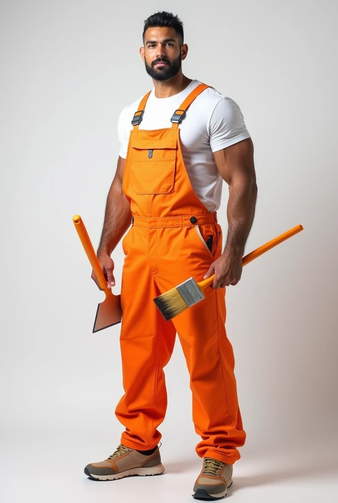 Strong Man in White T-shirt and Orange Construction Overalls, holds a triangular construction spatula in one hand, in the other hand is an orange paintbrush, Studio Photography, studio lighting, realistic skin texture and detail, the man stands slightly sideways, background white uniform, The photo was taken from the waist up