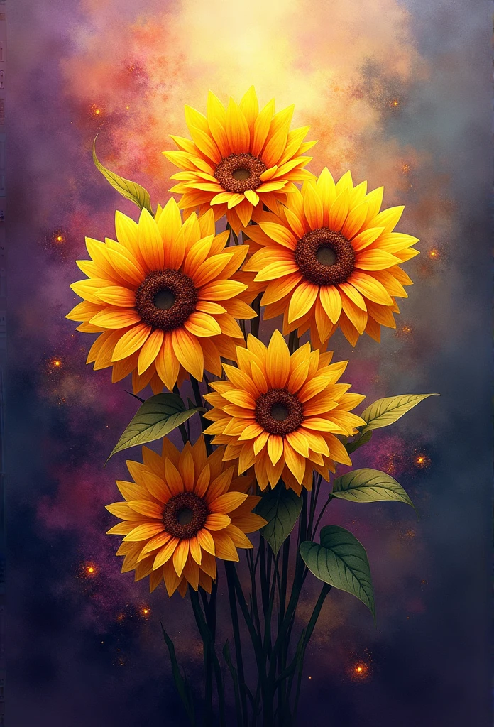 flower, a few of sunflowers ,in the style of light yellow and orange in the center, dreamy and romantic compositions, pale yellow, ethereal foliage, playful arrangements,fantasy, high contrast, ink strokes, explosions, over exposure, purple and red tone impression , abstract, ((watercolor painting by John Berkey and Jeremy Mann )) brush strokes, negative space, dark background