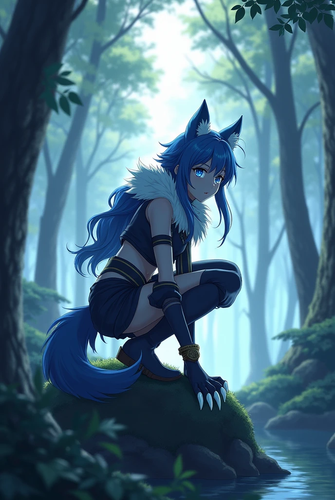 Setsuna, with her half-wolf body and distinct features, is alone in a dense, misty forest. Sunlight gently filters through the tall trees, creating a peaceful atmosphere, contrasting with the intensity of the moment. Her blue hair, loose and flowing, sways lightly in the breeze. His deep blue eyes shine with an expression of calculated coldness, reflecting his internal aversion to humans. The lupine ears, with gray ends, move perceptively, capturing the sounds around them. Its large, lupine tail twitches slightly with the tension. She is crouched on a rock, with her razor-sharp ice claws extended forward, reflecting the glare of the light. Her fur-covered legs, ending in wolf paws, are firmly planted on the ground, and her fur-covered forearms are visible as she observes the area around her with keen attention. Her clothing is a combination of fur and dark fabrics, fitted to her body so as not to hinder her movements. The main piece is a tunic that, in addition to providing some protection, highlights your lupine features in an elegant way. Her expression is a mix of restrained anger and concentration, a testament to her desire for revenge and her moral code that still separates her from outright immoral behavior. Setsuna is closely observing a specific area of the forest, waiting for any sign of movement, with his acute senses ready to detect any threat. His rigid posture and the focus of his eyes demonstrate his determination and vigilance, prepared for the next action in his mission.
do it anime style