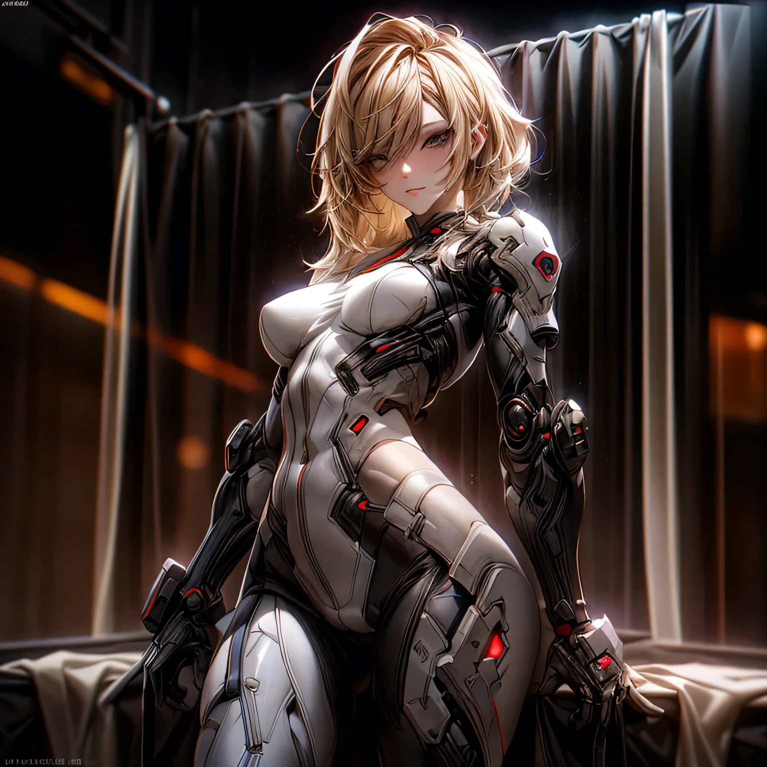 ((best quality)), ((Masterpiece)), (details:1.4), 3d, Image of a beautiful cyberpunk woman., HDR (high dynamic range), mature woman, Hips up, Curtain Bangs, Sleek style, Blonde hair, white eyes, battle suit, Heavy Red armor, PBR surface, After processing, Anisotropic filtration,depth of field, Maximum clarity and clarity, multi-layered surface, perfect proportions, 8K raw files, cyberpunk, at night, ผมหลายชั้น, กระโปรงสั้น, natural lighting, soft lighting, sunlight, หน้าอกใหญ่,