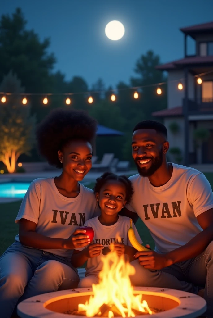  jeune homme noir et son amoureux souriant accompagné de leur enfant jumeaux fille et garçon regardant un film en plein air dans le jardin de la grande cour de leur belle maisons tout en grillant de la viande.
Il est écrit sur le t-shirt de l’homme Ivan et sur celui de la femme Florence 
La  tient une pomme à main et le  une banane.
Il sont installés autour du feu dans leur beau jardin en pleine lune pour un cinéma en  famille 
On peut observer de la piscine à côté 