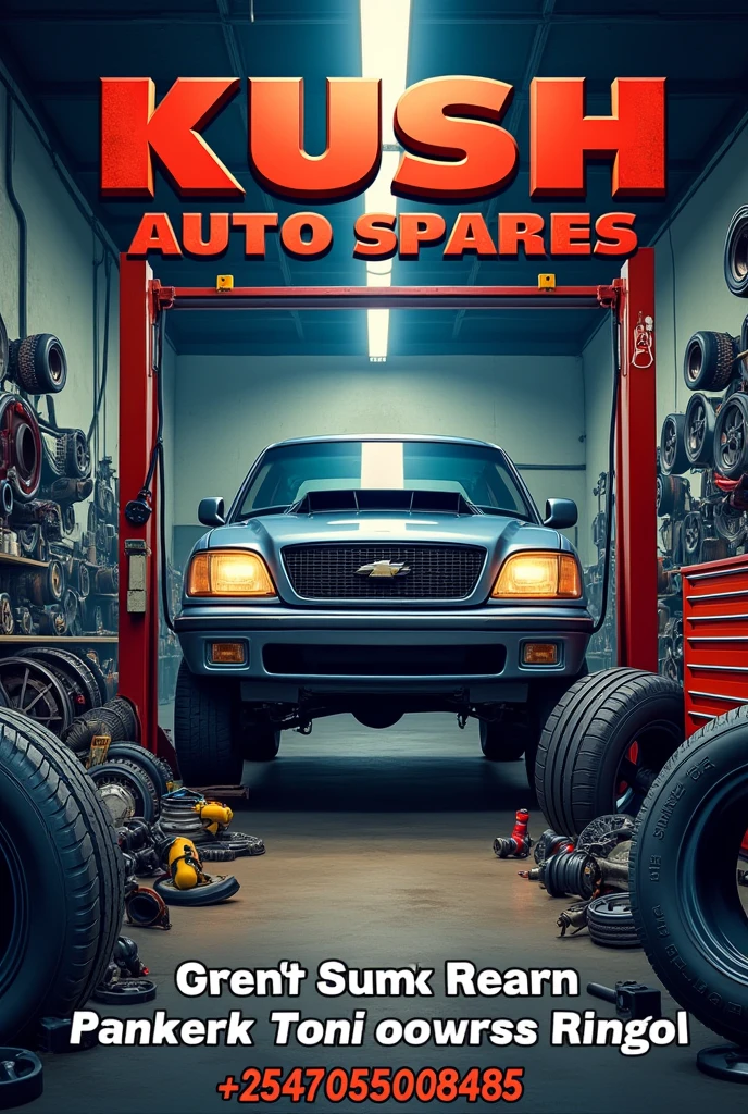 Design me a very unique realistic poster of my car spare part shop called Kush Auto Spares. On the poster I want to see some car spare parts and a car being fixed. Putting my social handles on the poster too. Instagram handle is: kushautospares. Facebook handle is: Kush Auto Spares. WhatsApp business number is: +254705508485