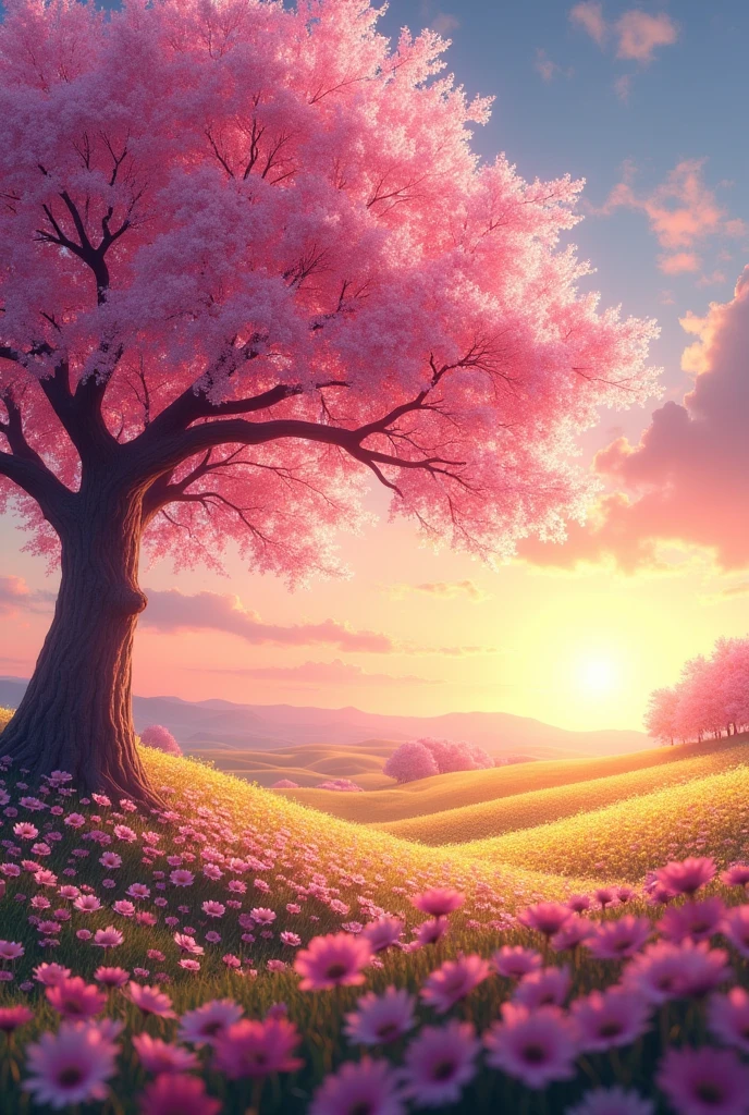 create a cherry tree image with a field of flowers at sunset