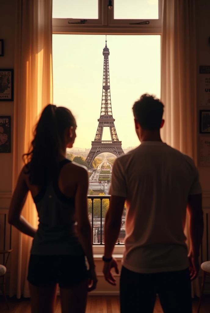 Réalise-moi une image sur le coaching sportif à domicile avec en arrière plan la Tour Eiffel. Sur cette image, nous voyons les personnages de dos