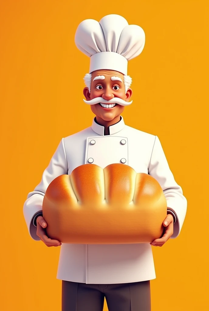 Elderly white man with short afro-style hair in white,with chef hat and mustache without beard, looking straight ahead in cartoon style on an orange background offering a large loaf of bread