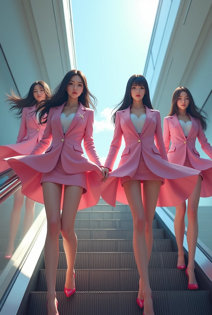 Four japanese women,slouch,Top Quality, Very High Resolution, (Realistic:1.4), (Exact Reproduction: 1.4), Huge Breasts, Facial Detail, Fine Eyes, Career Woman, pink Business Suit, mini Skirt, Heels, Standing, Skirt, 4Girl, Back view, Beautiful long legs, visible buttocks, Shot from below ,(((BIG ASS:1.6))),real pink pantyhose,windy skirt, escalator, skirt blown up, yellow panty