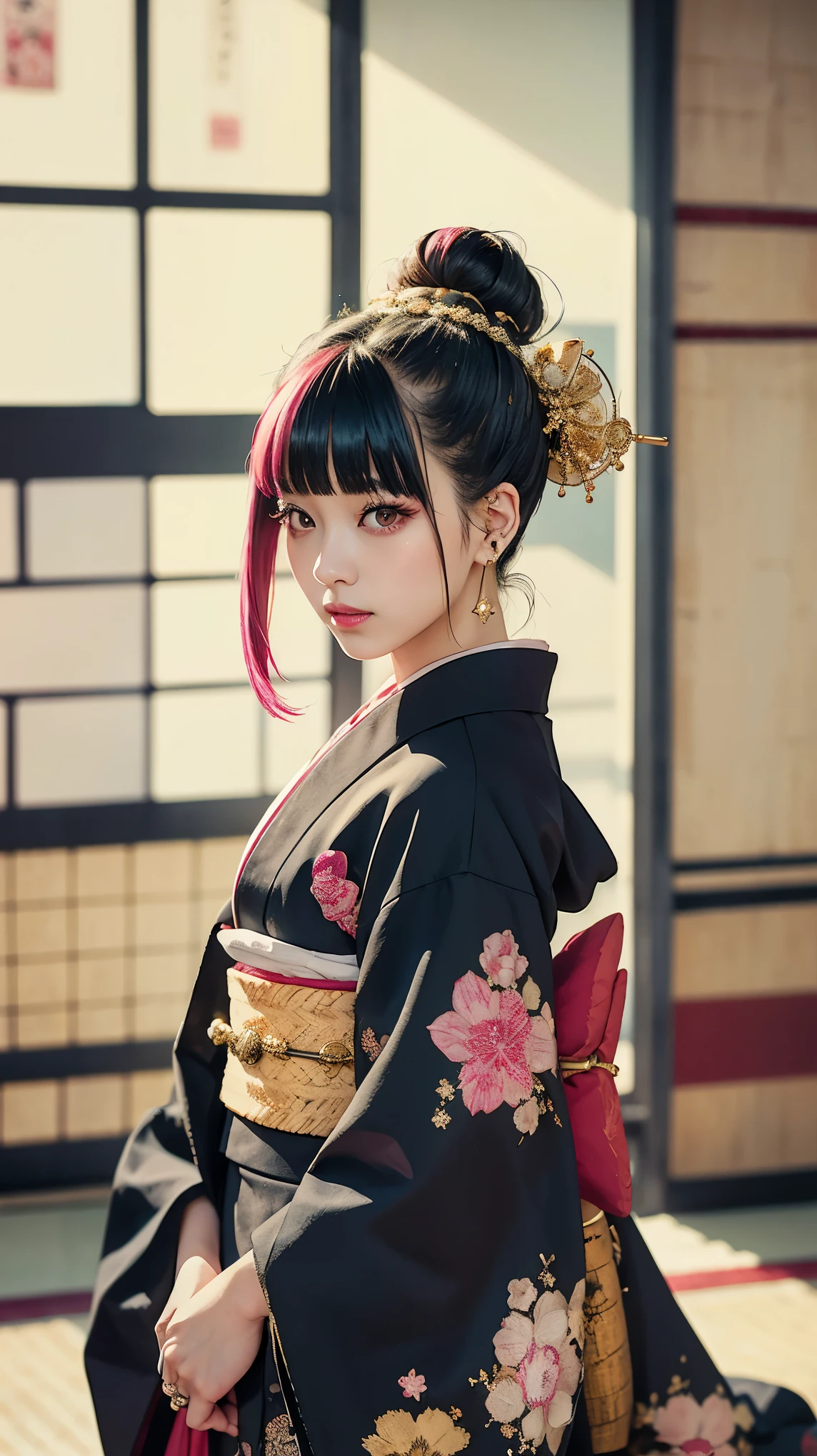masterpiece, Highest quality, A solemn Japanese-style room with tatami mats, A large photograph of a woman from head to waist, Face from an angle, Chain-themed accessories, (Punk rock kimono, black地に赤+gold:1.3), (black+passion pink hair color, Mid-length hair, Bun Hair), (blackい瞳, Sparkling eyes), (Lots of eyelashes)