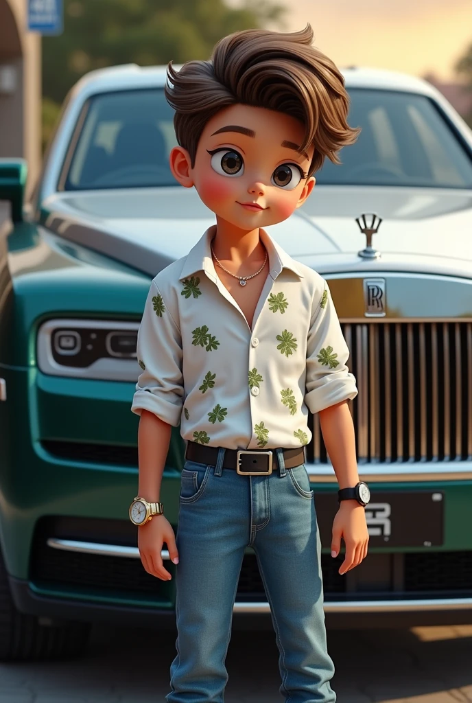 A boy who has rolls royce cullilun and he was and bright and black eye balls and white shirt with green small flowers and blue jeens with black shoes and rolex watch in his hand
