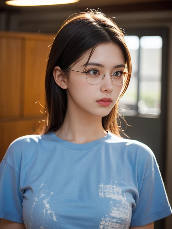 (RAW Photos, 4K, masterpiece, High resolution, Very complex) (Realistic: 1.4), Cinema Lighting, 1 person, Focus Only, Summer noon, hot, 1990s (style), Denim Lenses, indoor, Short sleeve T-shirt
