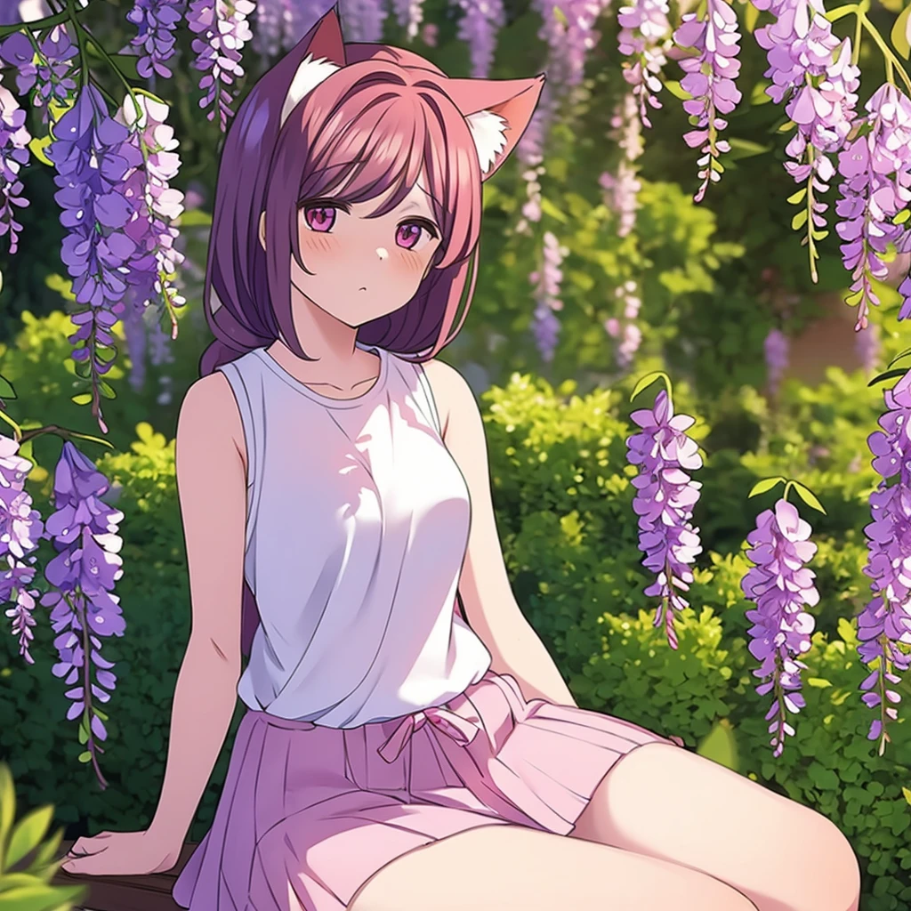 1 Girl, Solitary, Cute girl with pink hair, Pink Eyes, Wisteria flowers background, Soft natural light, Cat ears, Sleeveless white shirt