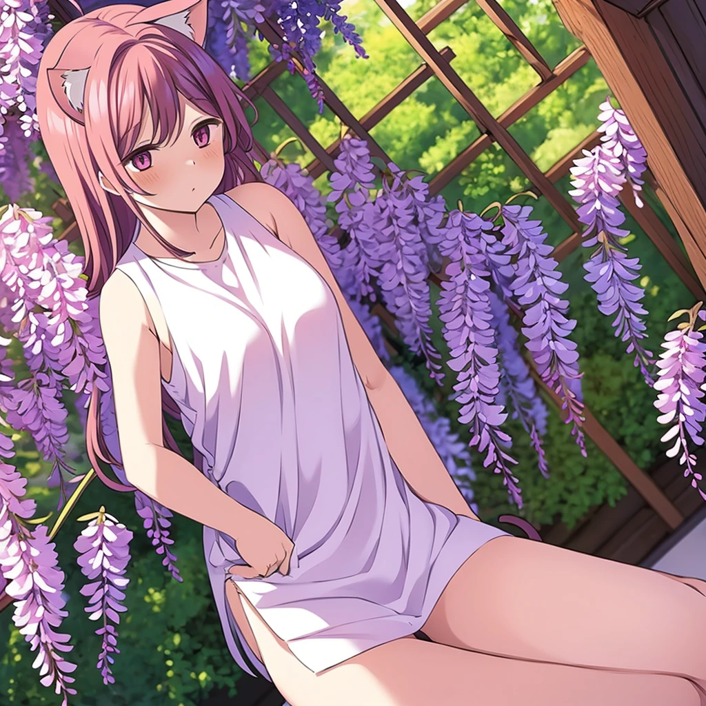 1 Girl, Solitary, Cute girl with pink hair, Pink Eyes, Wisteria flowers background, Soft natural light, Cat ears, Sleeveless white shirt