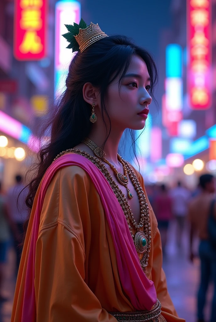 young shree Krishna in neon light mumbai city road with full body nice face and korean 
Face
