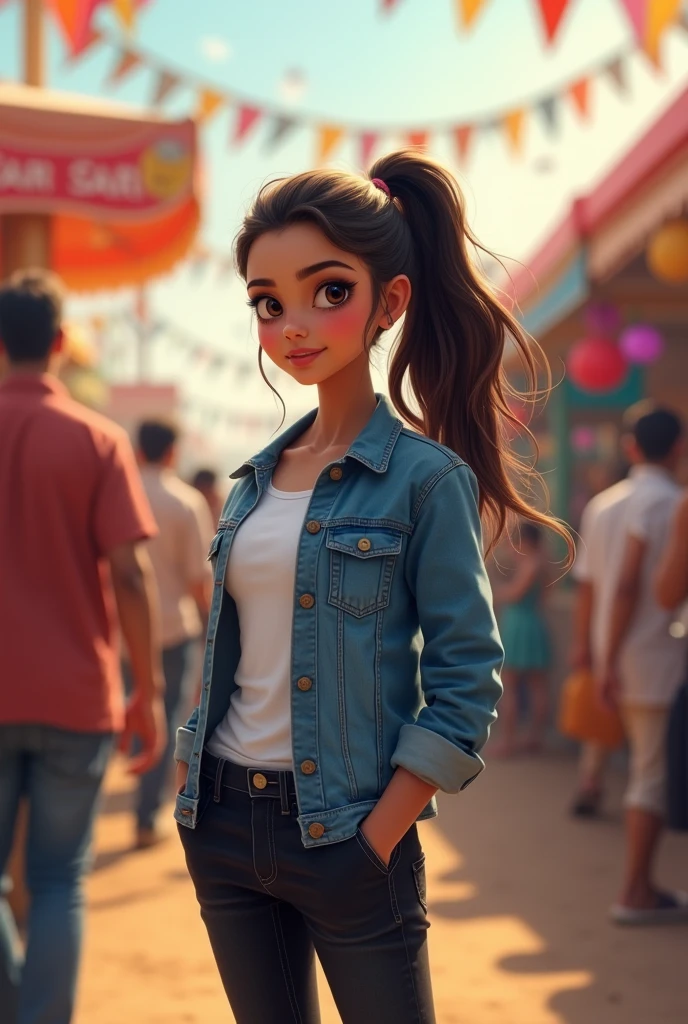 A simple indian fair young  girl wear a t shirts and black jeans white shoes long hair pony tail  white t shirt  denim jacket