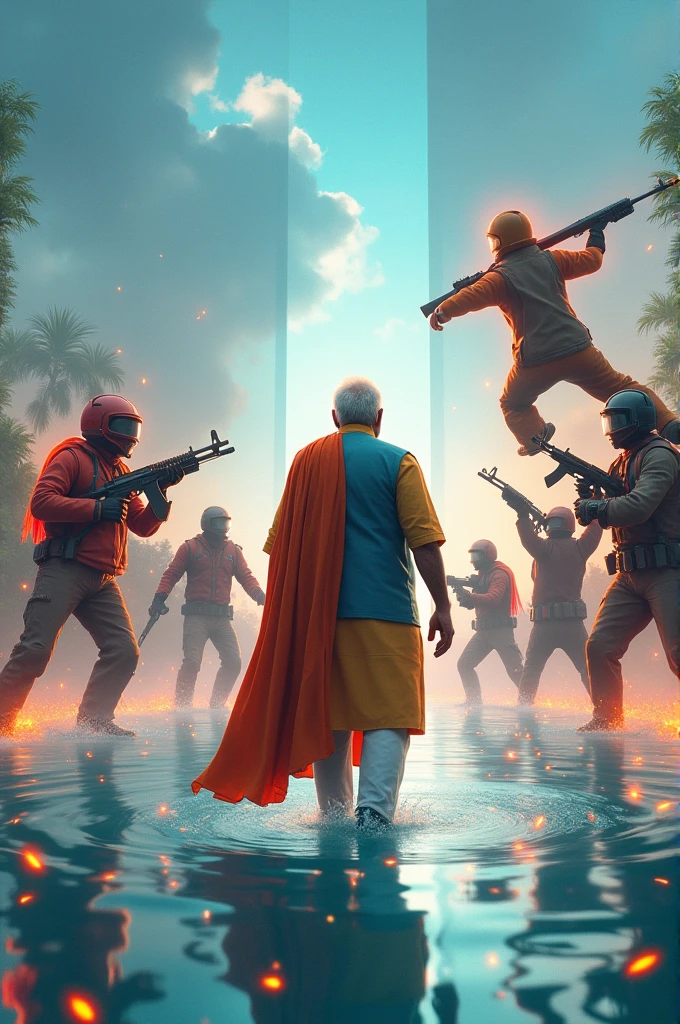Modi vs free fire fight on water pool
