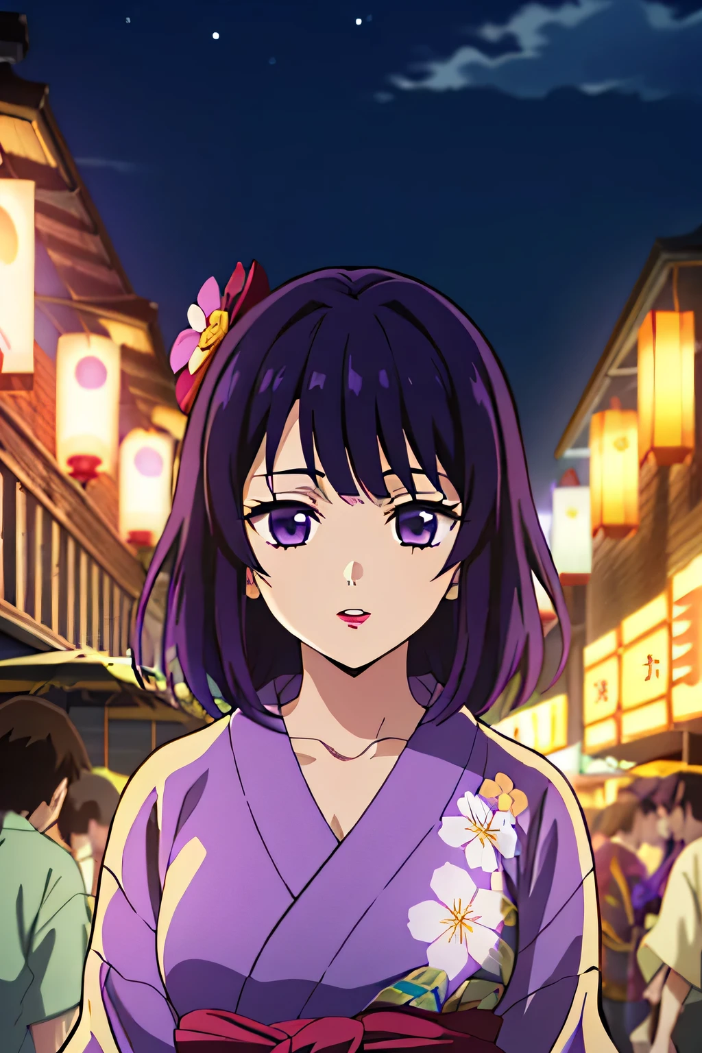 (top quality, 8k, high resolution, masterpiece:1.2),(anime art style),(shinobu kocho),(1 girl),(perfect face),(perfect eyes),(soft expression),(medium breasts),(purple hair),(natural lips),(medium hair),(bangs),(purple eyes),(floral yukata),(flower hair ornament),(summer festival),(night),(upper body),(viewer appreciation)
