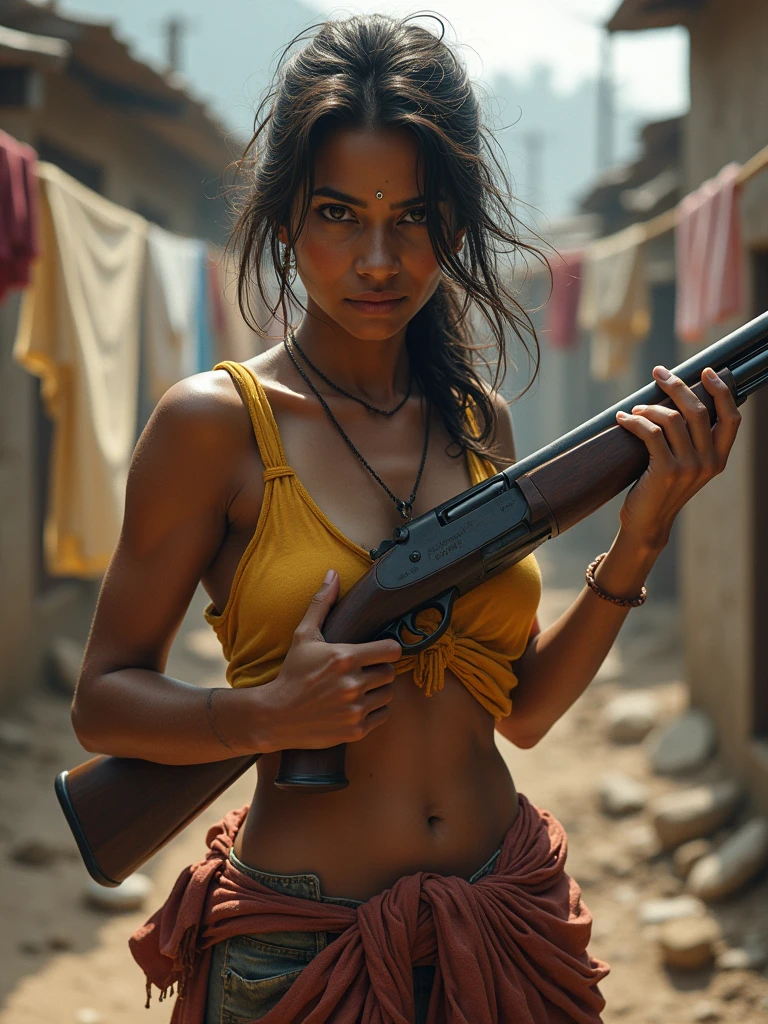 Indian woman Savita, with a thin waist, outdoors, hanging clothes up, clothes line in background, retro big guns, messy hair, accurate anatomy,