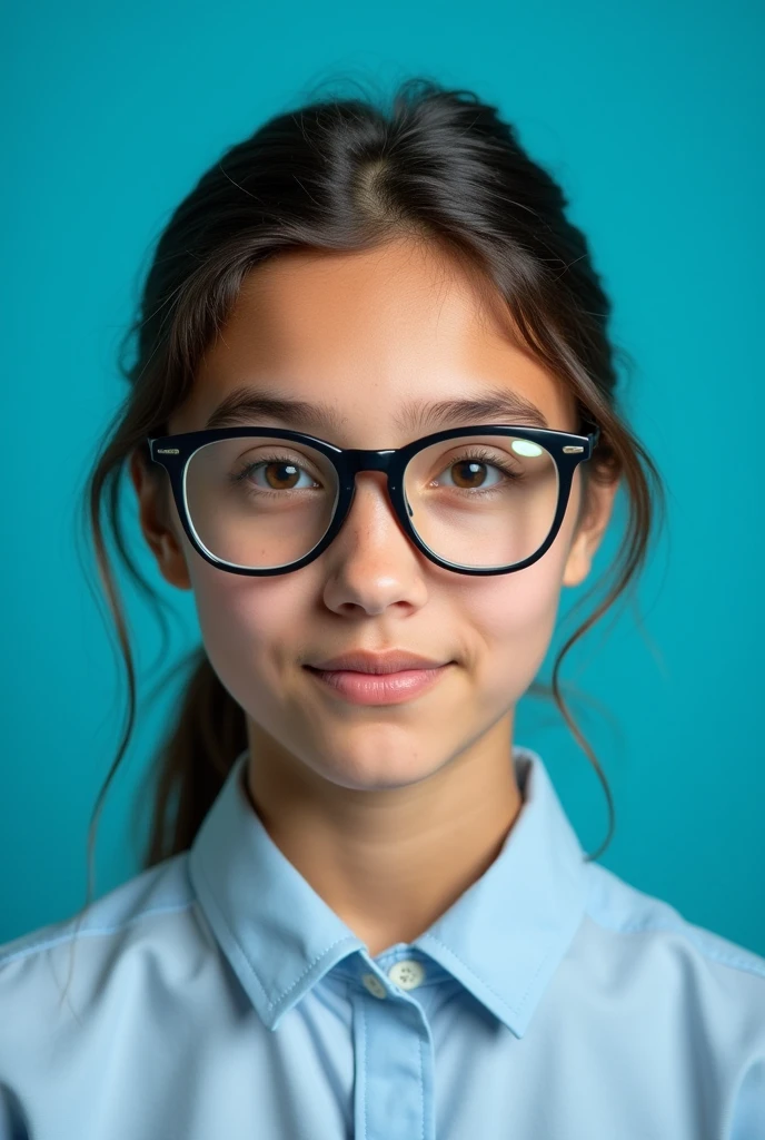 CREATE AN IMAGE OF A  WITH GLASSES, FOR THE YEARBOOK PHOTOGRAPHY, AQUAMARINE BLUE BACKGROUND
