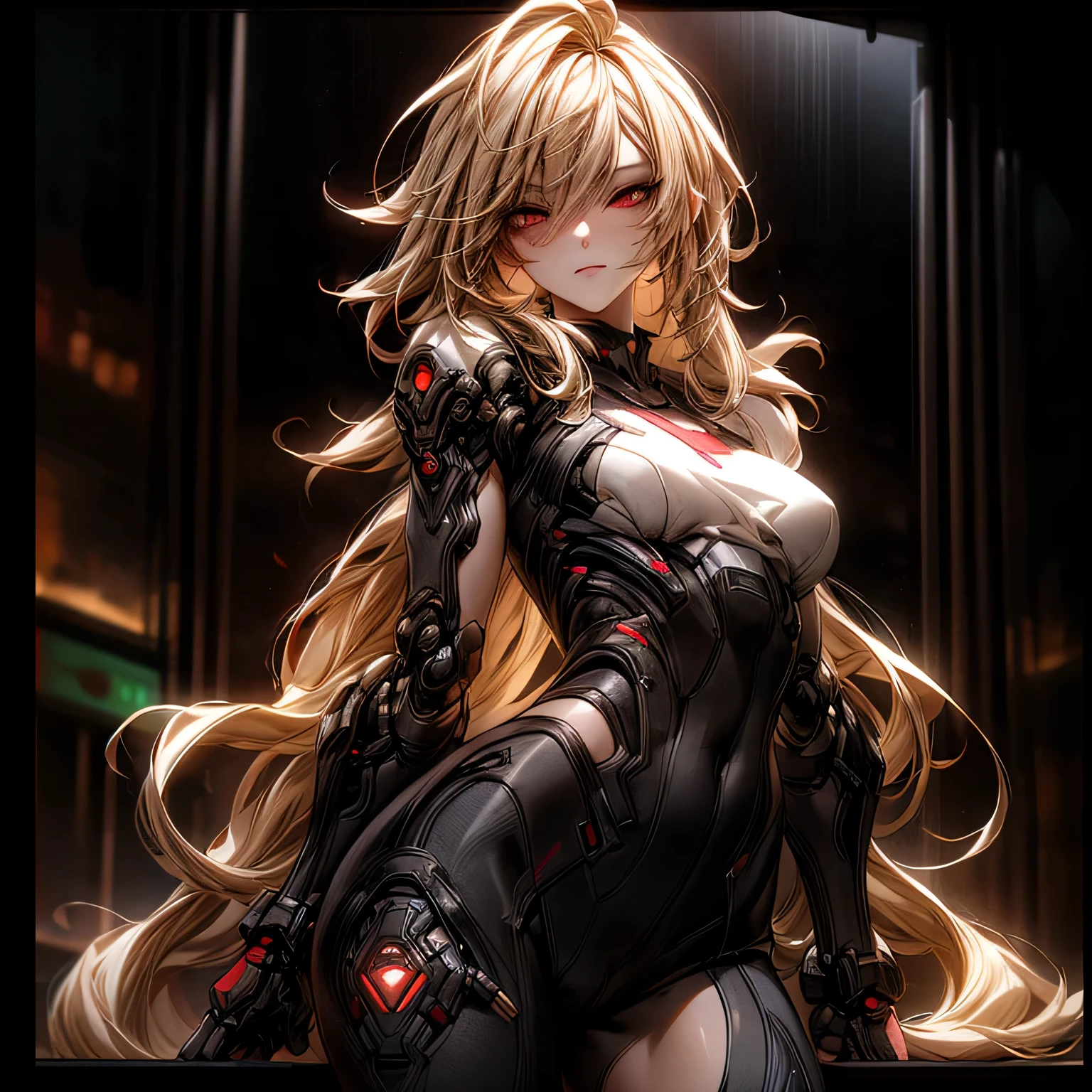 ((best quality)), ((Masterpiece)), (details:1.4), 3d, Image of a beautiful cyberpunk woman., HDR (high dynamic range), mature woman, Hips up, Curtain Bangs, Sleek style, Blonde hair, Red eyes, battle suit, Heavy Red armor, PBR surface, After processing, Anisotropic filtration,depth of field, Maximum clarity and clarity, multi-layered surface, perfect proportions, 8K raw files, cyberpunk, at night, ผมหลายชั้น, กระโปรงสั้น, natural lighting, soft lighting, sunlight, หน้าอกใหญ่,