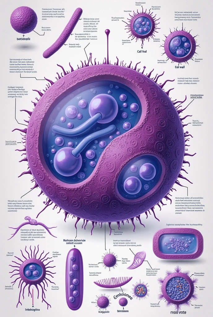 I want a drawing of a bacteria or prokaryotic cell with its parts and names in purple and blue tones. 