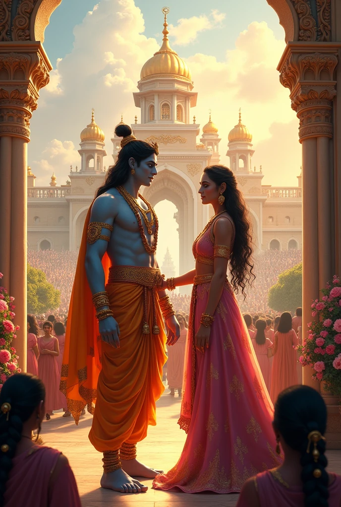 Jambavati and Krishna entering the grand city of Dwarka. The city is depicted with majestic palaces, gardens, and a welcoming crowd, celebrating the arrival of their new queen.