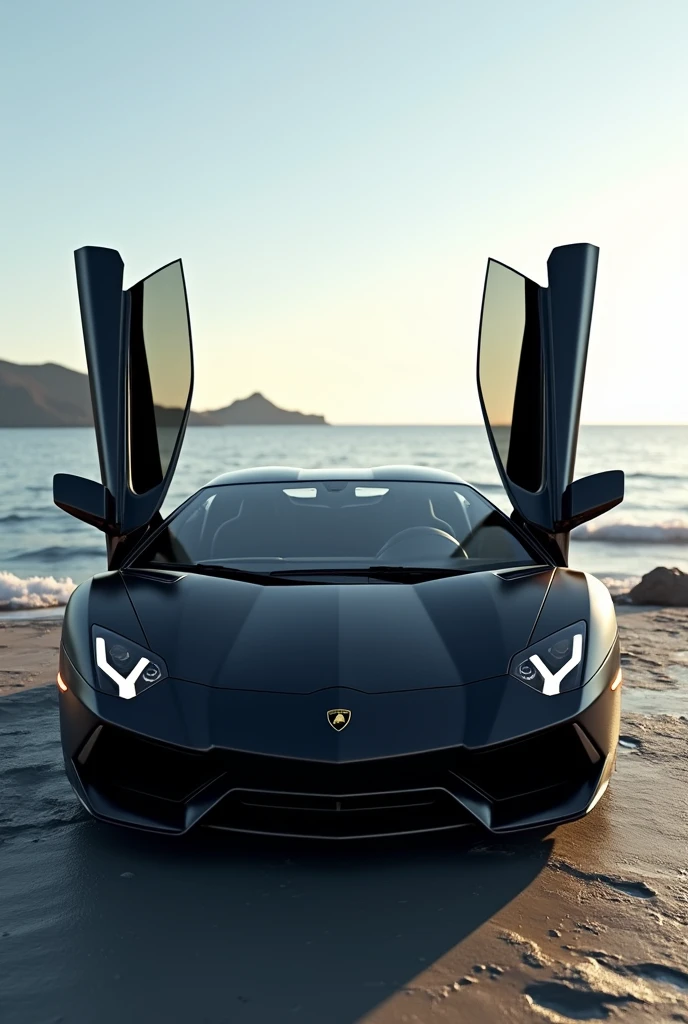 Lamborghini huracan in black colour infront of sea with scissor doors opened upwards and the headlights of car are turned on make photo realistic 4k ultra hdr