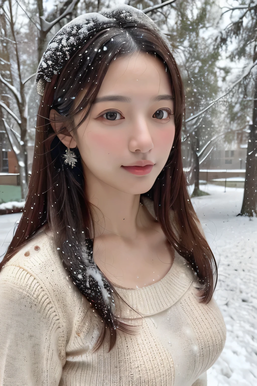 (masterpiece:1.35),(best-quality:1.4),8k,ultra-detailed,photography,(ultra-realistic:1.4), adult girl, long hair, sweater, snowing background, Large Breast, Slim Body,