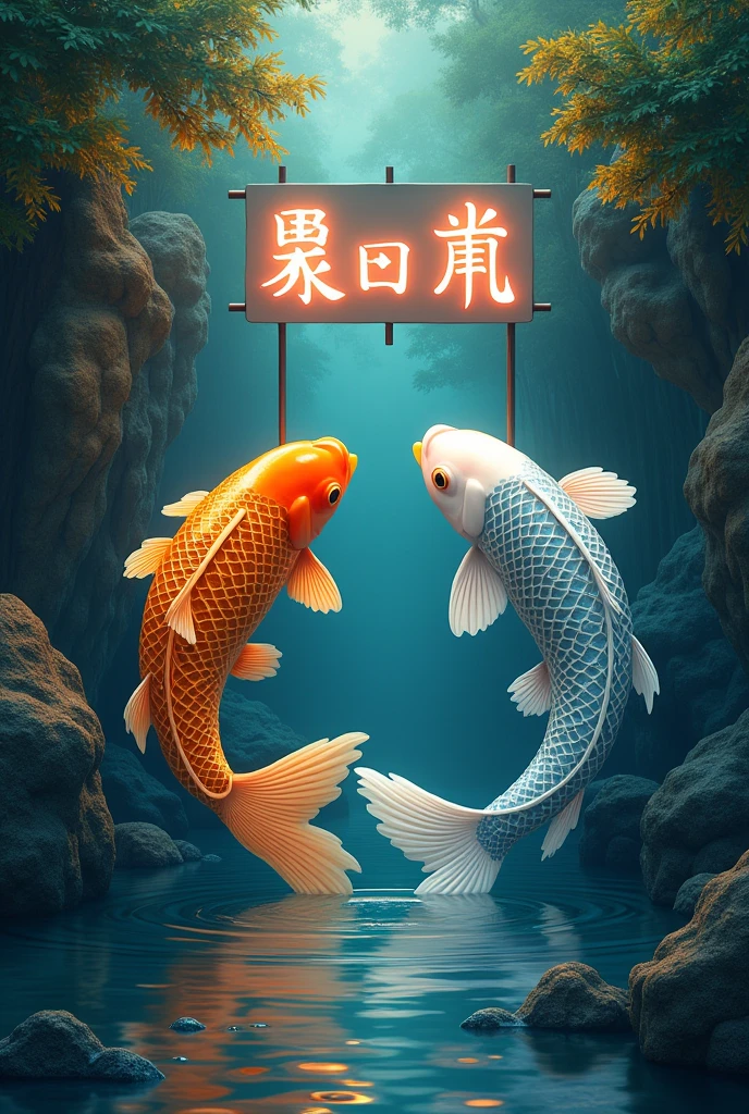 Koi fish, Emperor species Golden hair, silver hair, paying respects in the natural river.large neon sign in the center reads "Tub xwm li ",