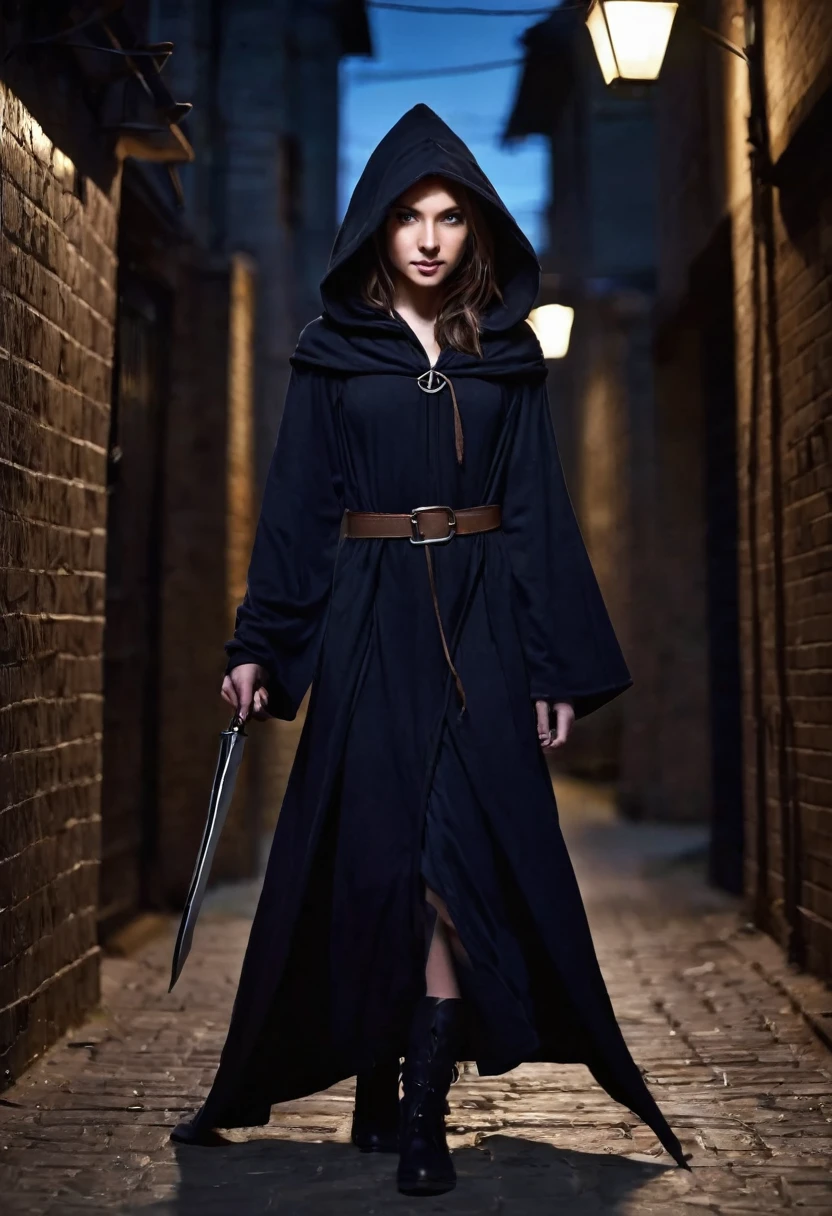 Masterpiece, Best Quality, 1girl, solo, brown hair, small elf ears, small pointy ears, female, androgynous, dark blue eyes, tan skin, black robes, hood over head, shadows, knives, alleyway, night, dark