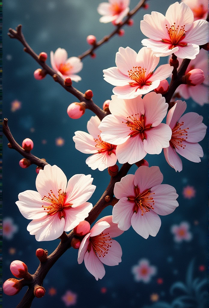 flower, a few of cherry blossom ,in the style of light yellow and orange in the center, dreamy and romantic compositions, pale yellow, ethereal foliage, playful arrangements,fantasy, high contrast, ink strokes, explosions, over exposure, purple and red tone impression , abstract, ((watercolor painting by John Berkey and Jeremy Mann )) brush strokes, negative space, dark background