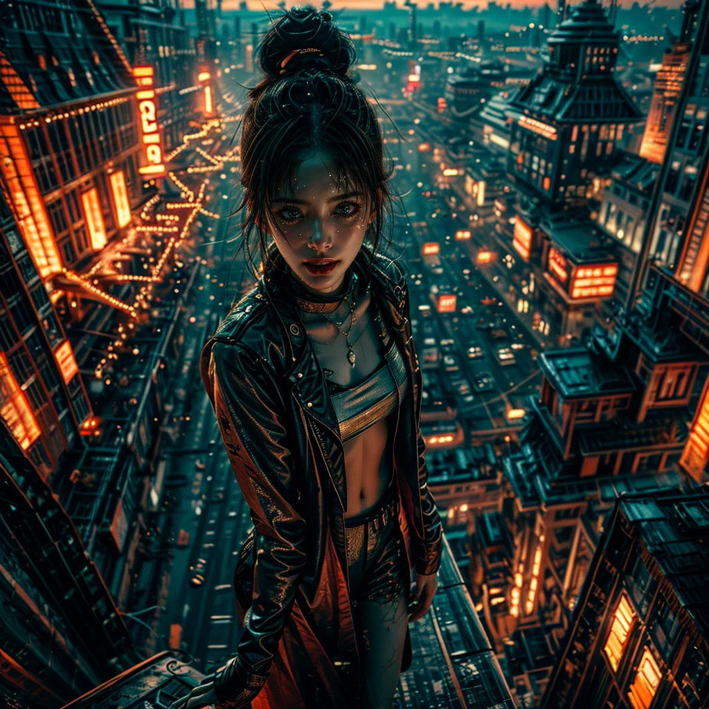 (xuer flies over) extremely detailed(sexy girl), (dramatic, gritty, intense:1.4), city, curved colorful horizon, (Luminism:1.28),