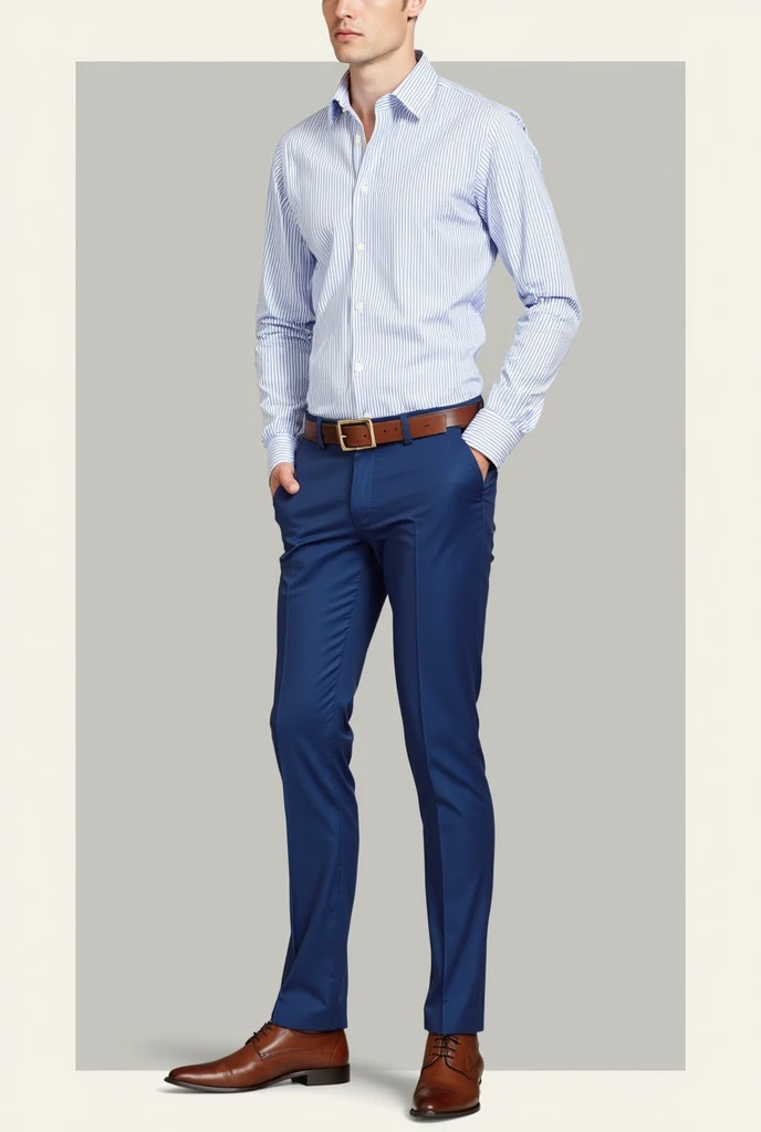 Outfit for men: white shirt with blue vertical stripes, blue pants, brown shoes and brown belt