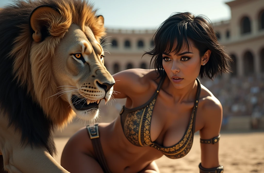 (RAW photo), (Realistic,24k), (photo-realistic), ultra high resolution, masterpiece, highest quality, portrait, facial portrait, perfect lighting, detailed lighting, dramatic shadow, ray tracing, 1 beautiful slave girl, , ((Idol face)), perfect anatomy, dark skin, Voluptuous, cleavage, symmetrical eyes, beautiful detailed brown eyes, chubby lips, big thick thighs, abs, muscle, shortcut hair, black hair, half open mouth, ((wearing a erotic Gladiator costume)), ((in Rome Arena)), (((fight with Lion))),