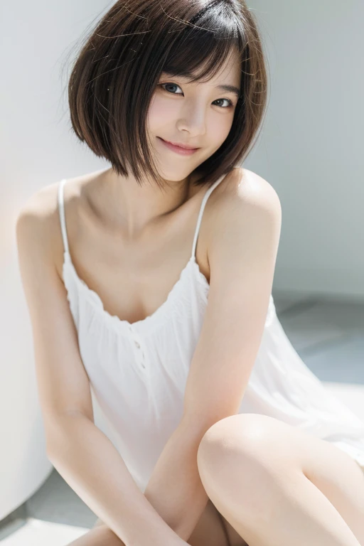 Young Japanese woman, 30s, white background, simple background, short bob hair, slender, 4K, 8K medium, high resolution, beautiful woman, beautiful eyes, simple, high resolution, alone, beautiful skin, beautiful skin, Smile, relax,