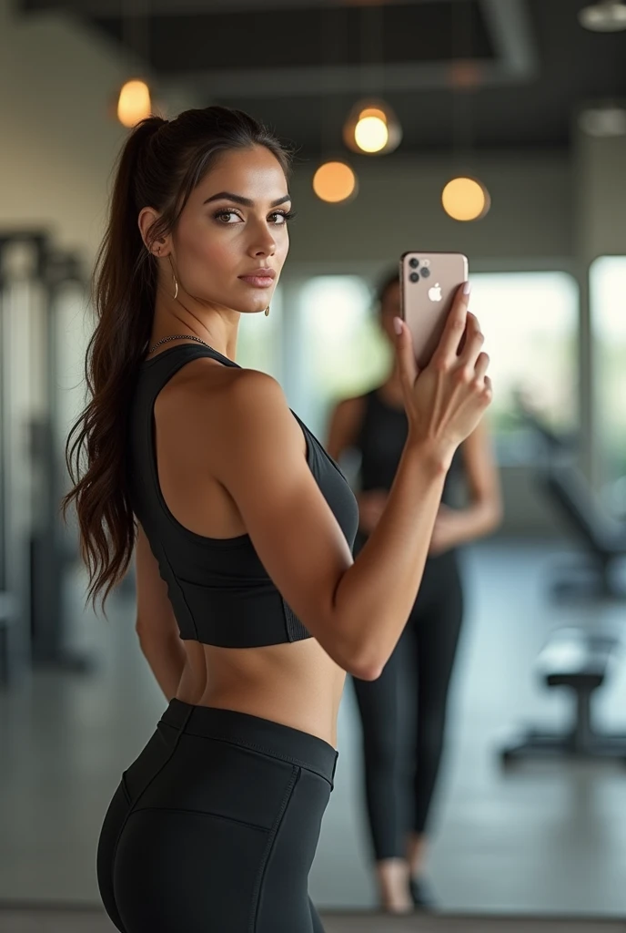 (photorealism:1.2), beautiful pakistani woman wear gym suite trouser long shirt Iphone selfie look infront of mirror stand in gym white skin tone long hair pony tail eyesight glasses 34 figure 