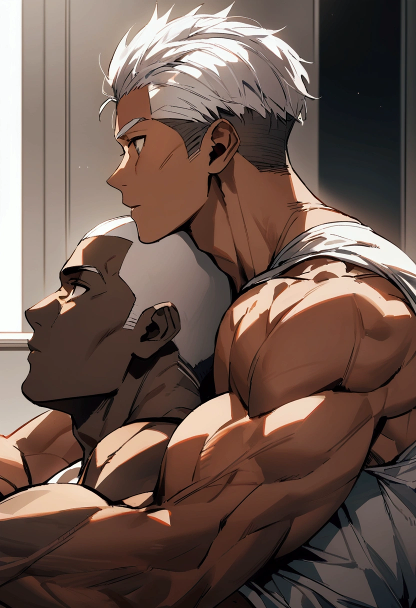 Highest quality、(two muscular males:1.5)、(father:0.5)、White Hair、Brown skin、Short Hair、Sports haircut、short hair、sitting position、hug from behind 、side view