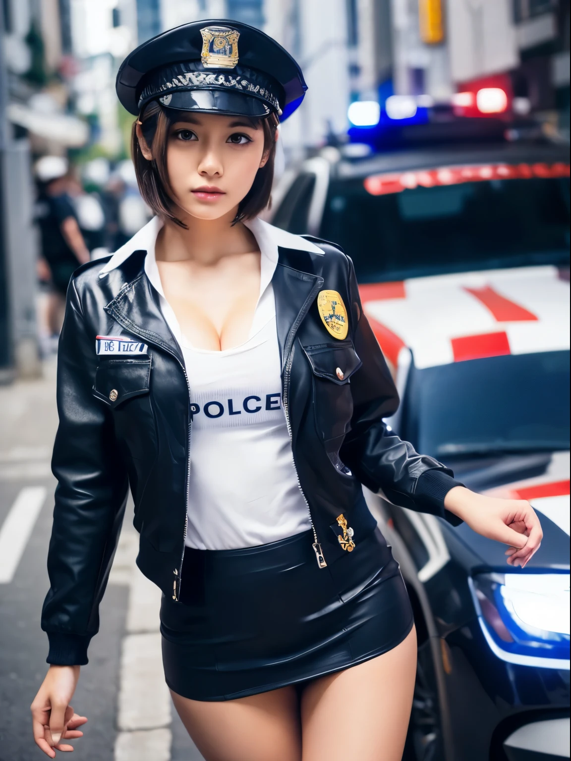 (8k, Top quality, Masterpiece:1.2), (Realistic, photo-realistic:1.37), Super detailed, perfect anatomy, cute, small eyes, 1, a Japanese, girl, Police costume, Handcuffs, slim legs, Police jacket, Police cap, cleavage,