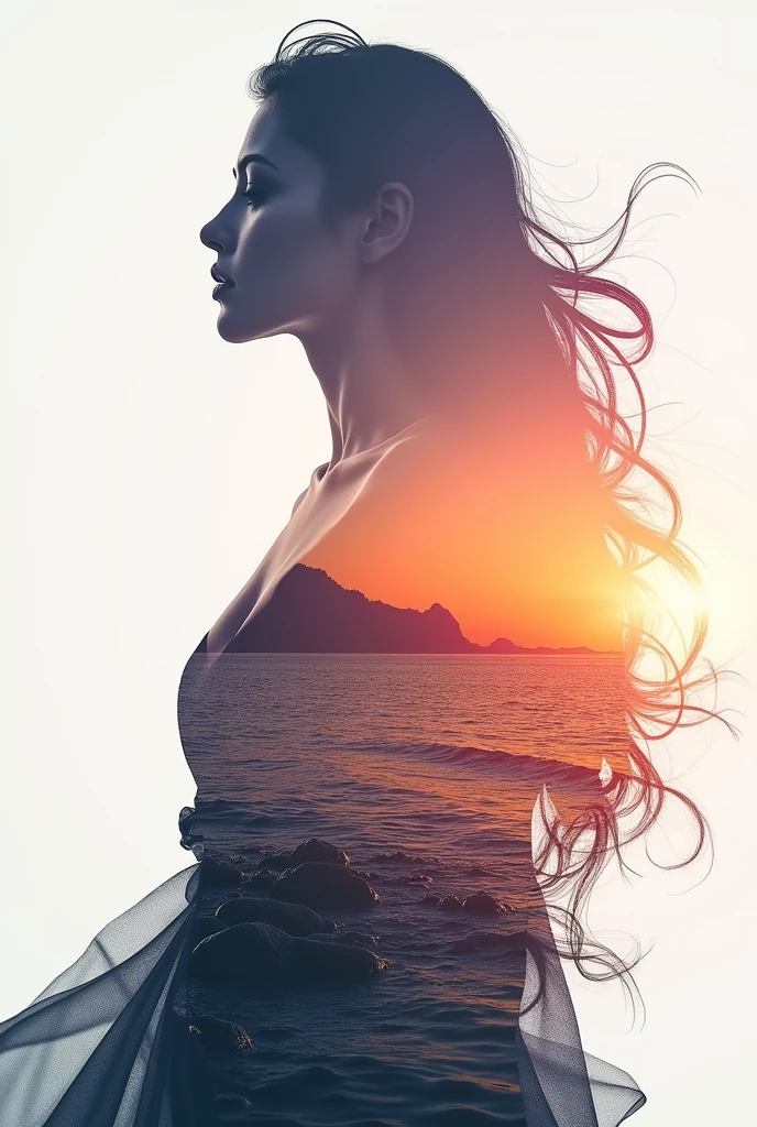 high quality, 8K Ultra HD, A beautiful double exposure that combines an goddess silhouette with sunset coast, sunset coast should serve as the underlying backdrop, with its details incorporated into the goddess , crisp lines, The background is monochrome, sharp focus, double exposure, by yukisakura, awesome full color,