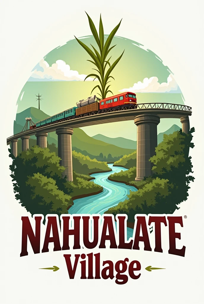 A logo for my community called "Nahualate Village". The community was created in sugarcane land, to highlight that the train also passes through and we have a station, The community borders a river and a bridge, Our people work in agriculture