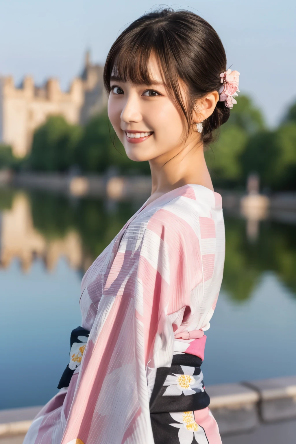 1 person, (Wearing a cute pink yukata.:1.2), Very beautiful Japanese idol portraits, (Young Face),
(RAW Photos, Highest quality), (Realistic, Realistic:1.4), (masterpiece), 
Very delicate and beautiful, Very detailed, 2k wallpaper, wonderful, finely, Very detailed CG Unity 8k 壁紙, Very detailed, High resolution, Soft Light, 
Beautiful details, Very detailed目と顔, Beautiful and sophisticated nose, Beautiful and beautiful eyes, Cinema Lighting, 
(Commemorative photo at the Loire Castle:1.3), 
(Japanese hairstyle), (Tie your hair at the back:1.3), (bangs), (hairpin), 
Complete Anatomy, Slender body, Small breasts, smile