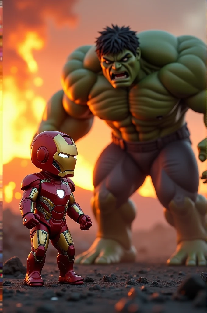 Baby boy wearing iron man suit fighting with hulk in front of blasting volcano