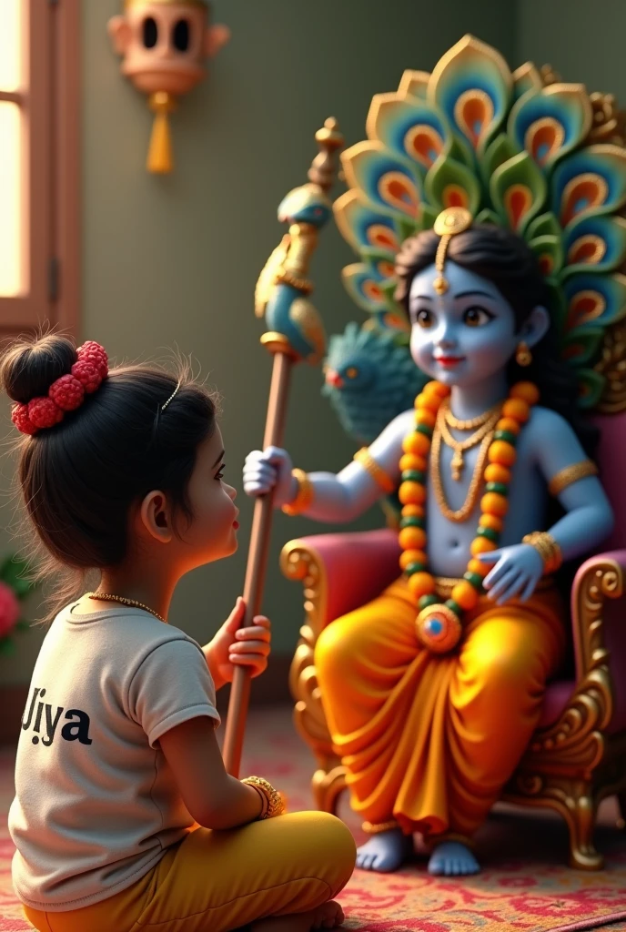 create a 3D realistic picture "A girl is worshiping Shree Krishna and Shree krishna is sitting on a chair and playing peacock and "Jiya" is written on the girl's t-shirts and see clearly full and the girl is worshiping and in the all background "Happy Janmashtami" is written in bold font clearly, make sure everything should be correct