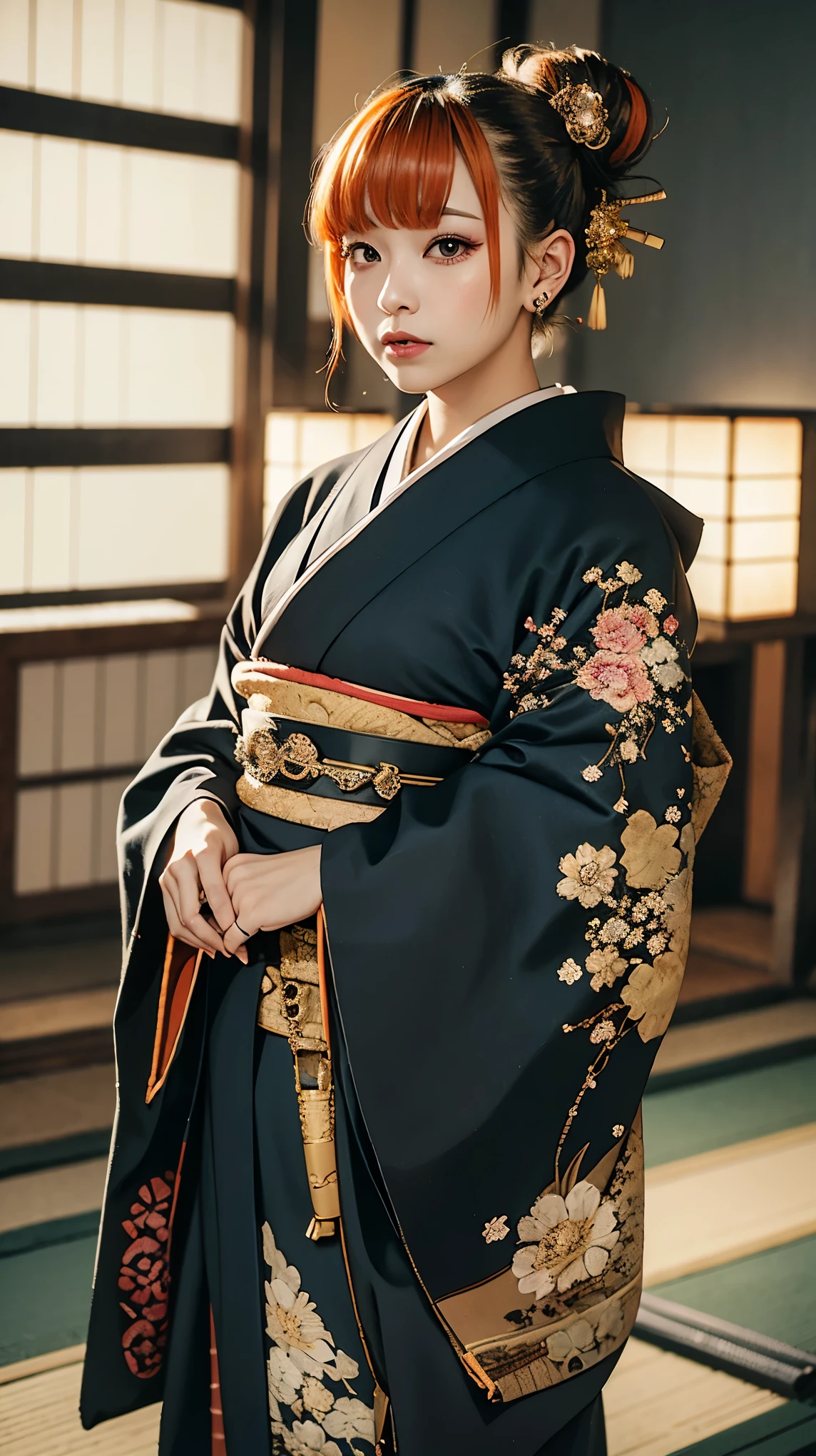 masterpiece, Highest quality, A solemn Japanese-style room with tatami mats, A large photograph of a woman from head to waist, Face from an angle, Chain-themed accessories, (Punk rock kimono, black地に赤+gold:1.3), (black+Orange Hair Color, Mid-length hair, Bun Hair), (blackい瞳, Sparkling eyes), (Lots of eyelashes)