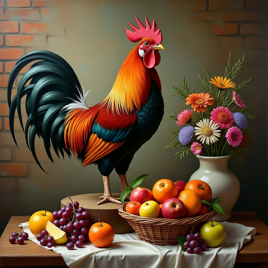 A still life painting of a rooster and a basket of fruit. The rooster is placed on a wooden stand. The basket of fruit is placed on the ground. There is a vase with flowers next to the basket. The background is a rustic wall with bricks.