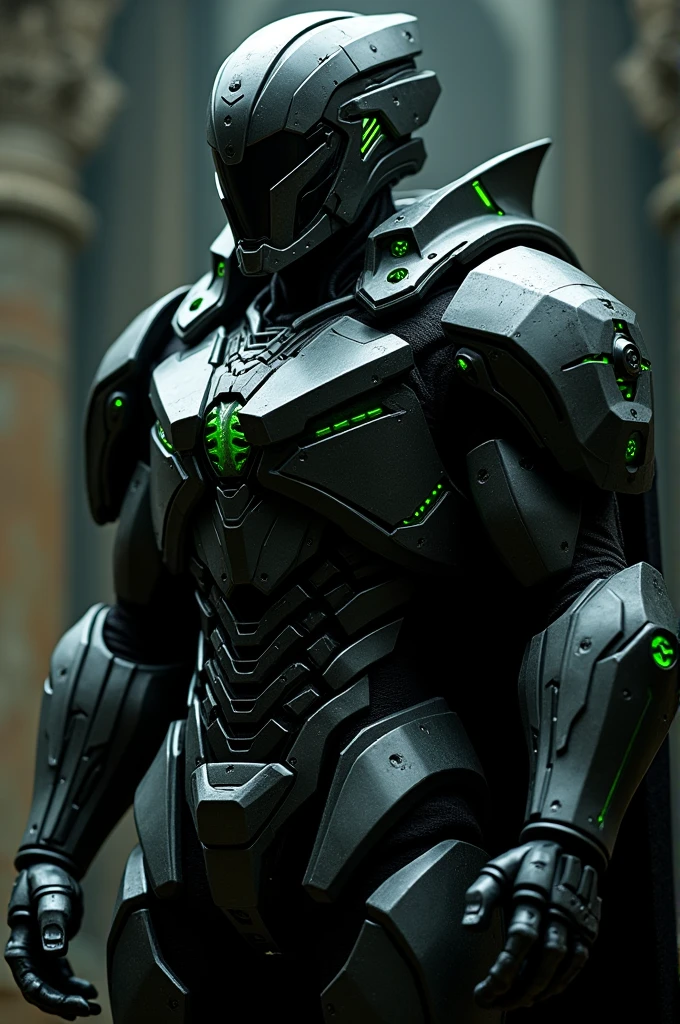 A photo for my YouTube channel of a robot wearing black hooded armor with green details