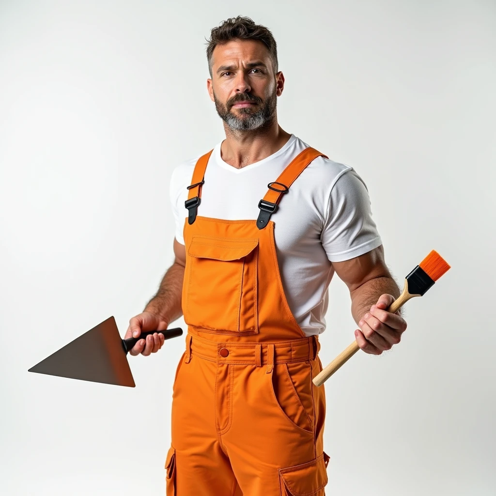 Strong Man in White T-shirt and Orange Construction Overalls, holds a triangular construction spatula in one hand, in the other hand is an orange paintbrush, Studio Photography, studio lighting, realistic skin texture and detail, the man stands slightly sideways, background white uniform, The photo was taken from the waist up