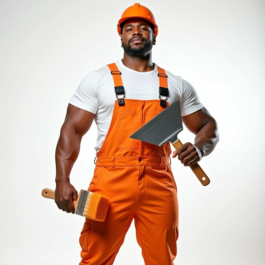 Strong Man in White T-shirt and Orange Construction Overalls, holds a triangular construction spatula in one hand, in the other hand is an orange paintbrush, Studio Photography, studio lighting, realistic skin texture and detail, the man stands slightly sideways, background white uniform, The photo was taken from the waist up
