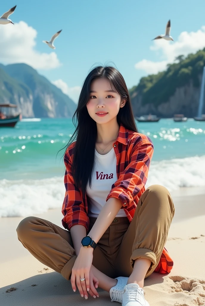 Beautiful Korean girl with smooth white skin, well-groomed face, long straight black hair, red and orange checkered shirt, white T-shirt with the Vina logo, brown cargo pants, cool watch, white shoes posing sitting on the beach, background, sea waves, boat fishermen, seagulls flying. clear blue sky, very beautiful, mountains and waterfalls, original photos, realistic