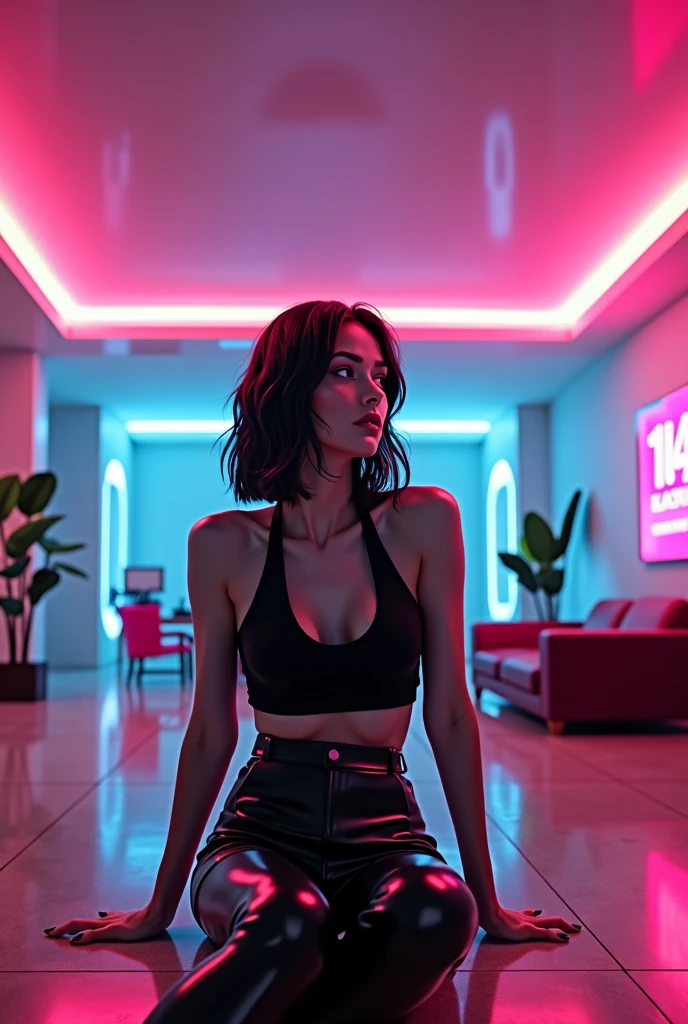 Woman in futuristic room with overdose neon sign