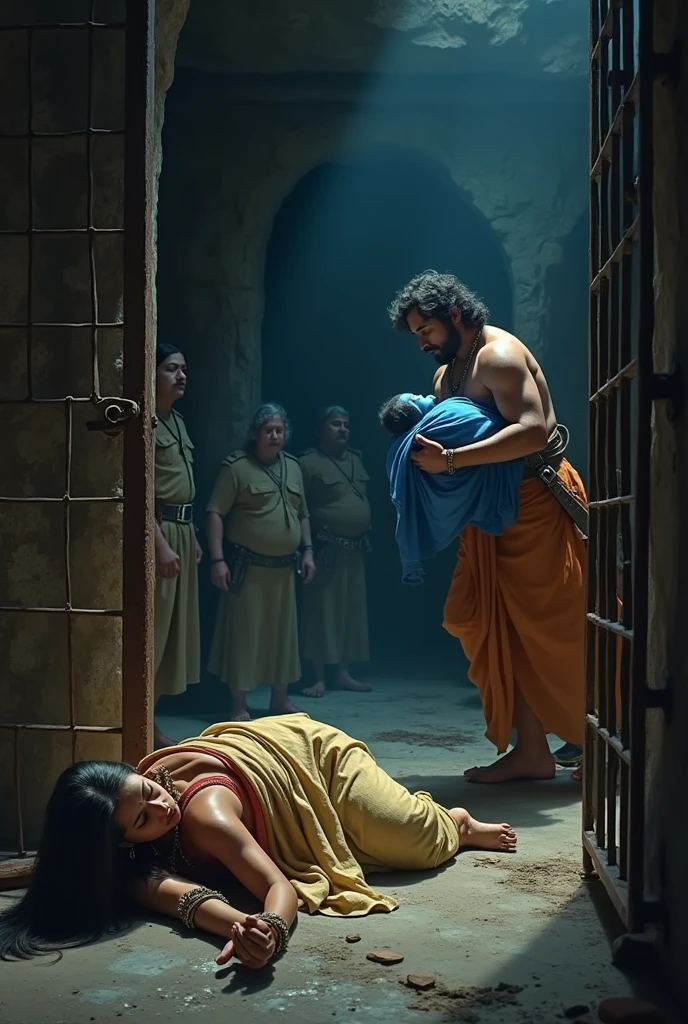 Devki lying in jail after giving birth to krishna and vasudev escaping from the jail with baby krishna in blue colour while guards are sleeping