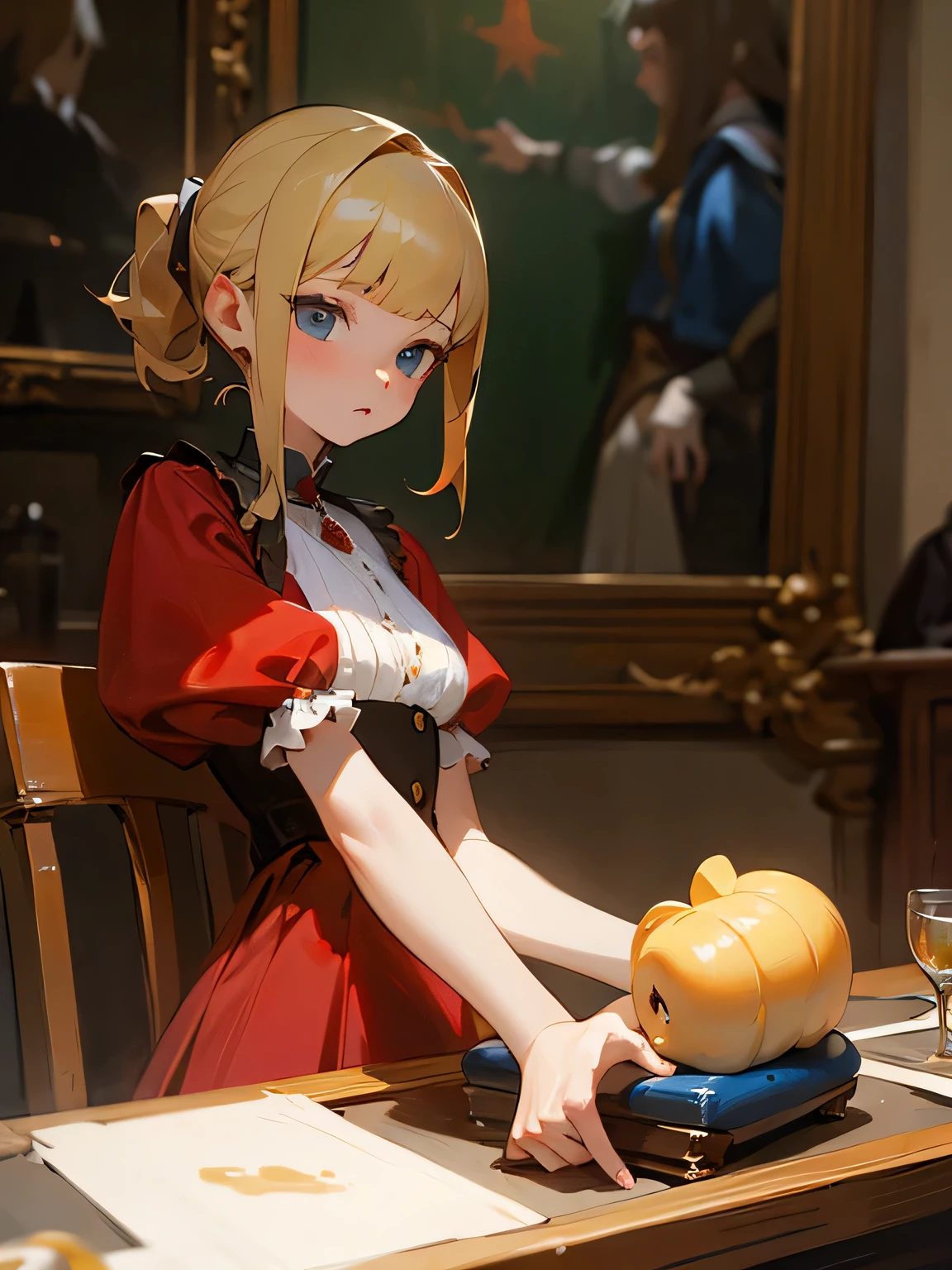 Tabletop, girl,World Masterpiece Theatre, Ride Blonde Hair, Adult Red Lady, shape, Looking at the audience, Material, canvas, Oil, Vermeer Artist ,